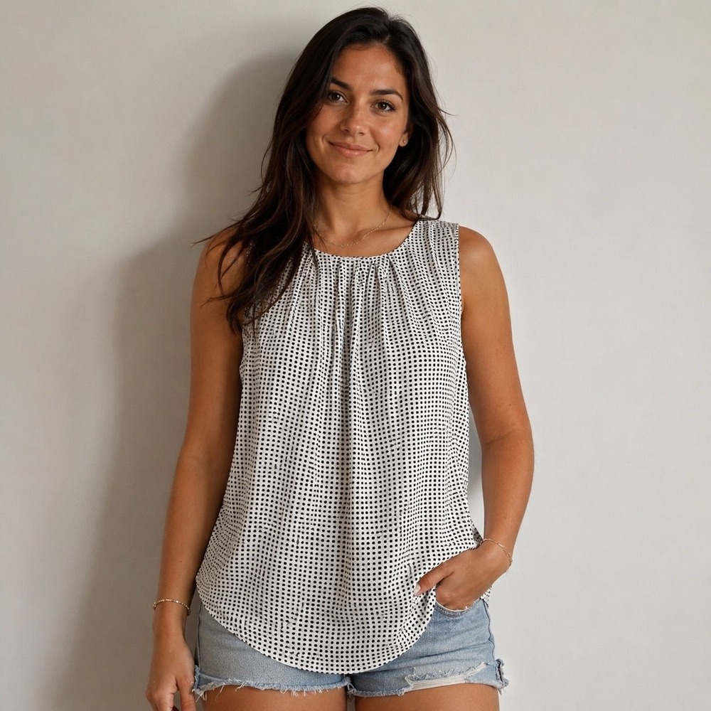 Reitmans Sleeveless Pleated Polka Dot Blouse Career Casual Top